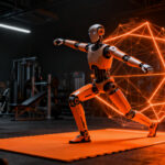 Robot humanoide entrenando en un gimnasio tecnológico, simbolizando la inversión de Neura Robotics en IA física y automatización.