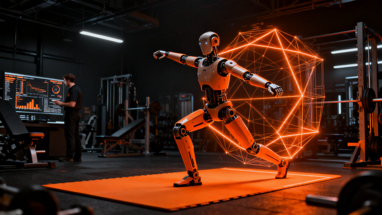 Robot humanoide entrenando en un gimnasio tecnológico, simbolizando la inversión de Neura Robotics en IA física y automatización.