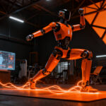 Robots humanoides entrenando en un gimnasio de alta tecnología, representando la inversión y automatización en Neura Robotics.