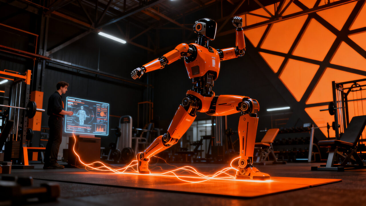 Robots humanoides entrenando en un gimnasio de alta tecnología, representando la inversión y automatización en Neura Robotics.