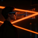 Silueta de una persona usando gafas inteligentes en un entorno urbano oscuro, representando el debate sobre privacidad y regulación de wearables en California.