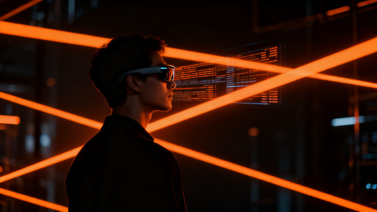 Silueta de una persona usando gafas inteligentes en un entorno urbano oscuro, representando el debate sobre privacidad y regulación de wearables en California.