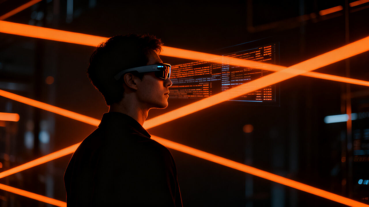 Silueta de una persona usando gafas inteligentes en un entorno urbano oscuro, representando el debate sobre privacidad y regulación de wearables en California.