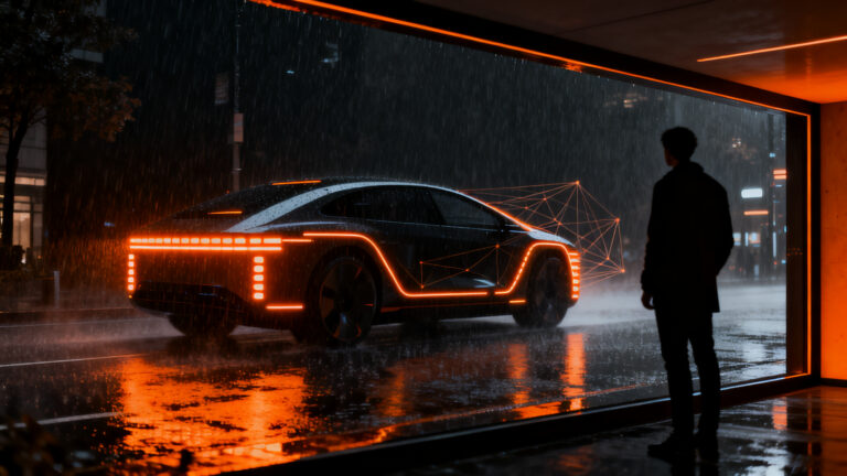 Vehículo autónomo con señalización luminosa en entorno urbano nocturno, representando la normativa de la NHTSA para robotaxis.
