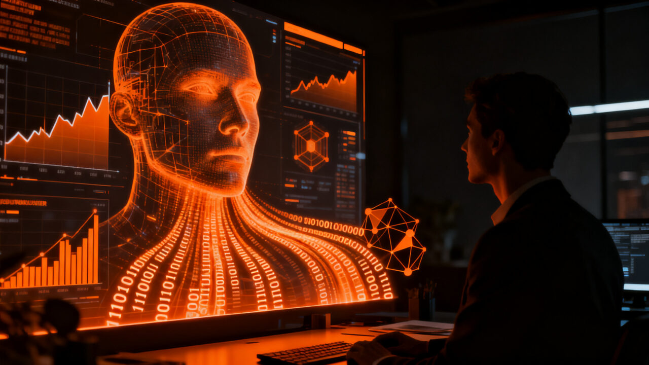 Consumidor latinoamericano analizando datos de mercado y tendencias de consumo impulsadas por inteligencia artificial para mejorar sus ingresos.