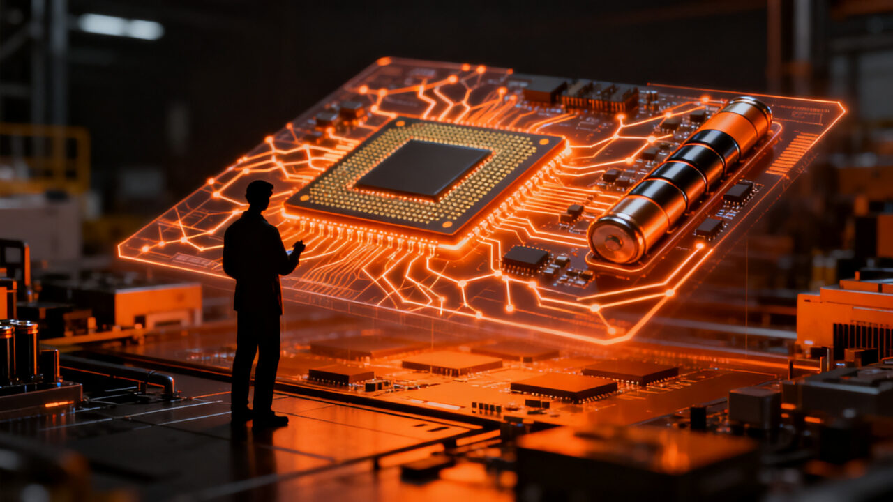 Agentes de IA detectando defectos en chips y baterías en una línea de producción industrial de alta tecnología.