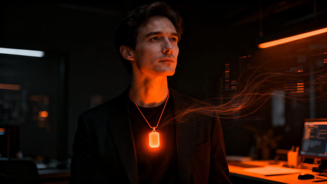 Emprendedor tecnológico con colgante de IA ambiental, representando la nueva era de los wearables y la inversión en startups de hardware.