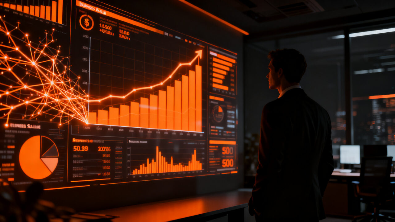 Emprendedor analizando datos comerciales y métricas de crecimiento en una plataforma digital de revenue intelligence, simbolizando el éxito de inversión en Niubiq.