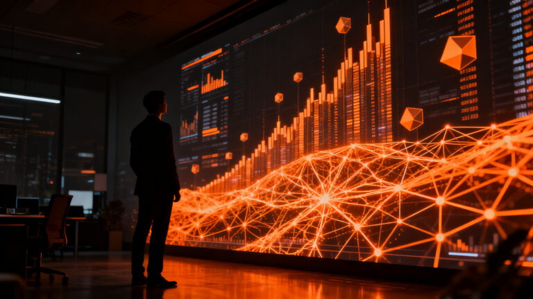 Profesional analizando señales de mercado y datos tecnológicos para impulsar su carrera, concepto de estrategia y visión interna.