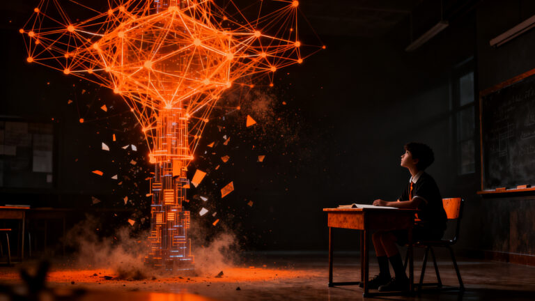 Prohibición de inteligencia artificial en escuelas, representando el impacto de la neurociencia cognitiva en el aprendizaje infantil.