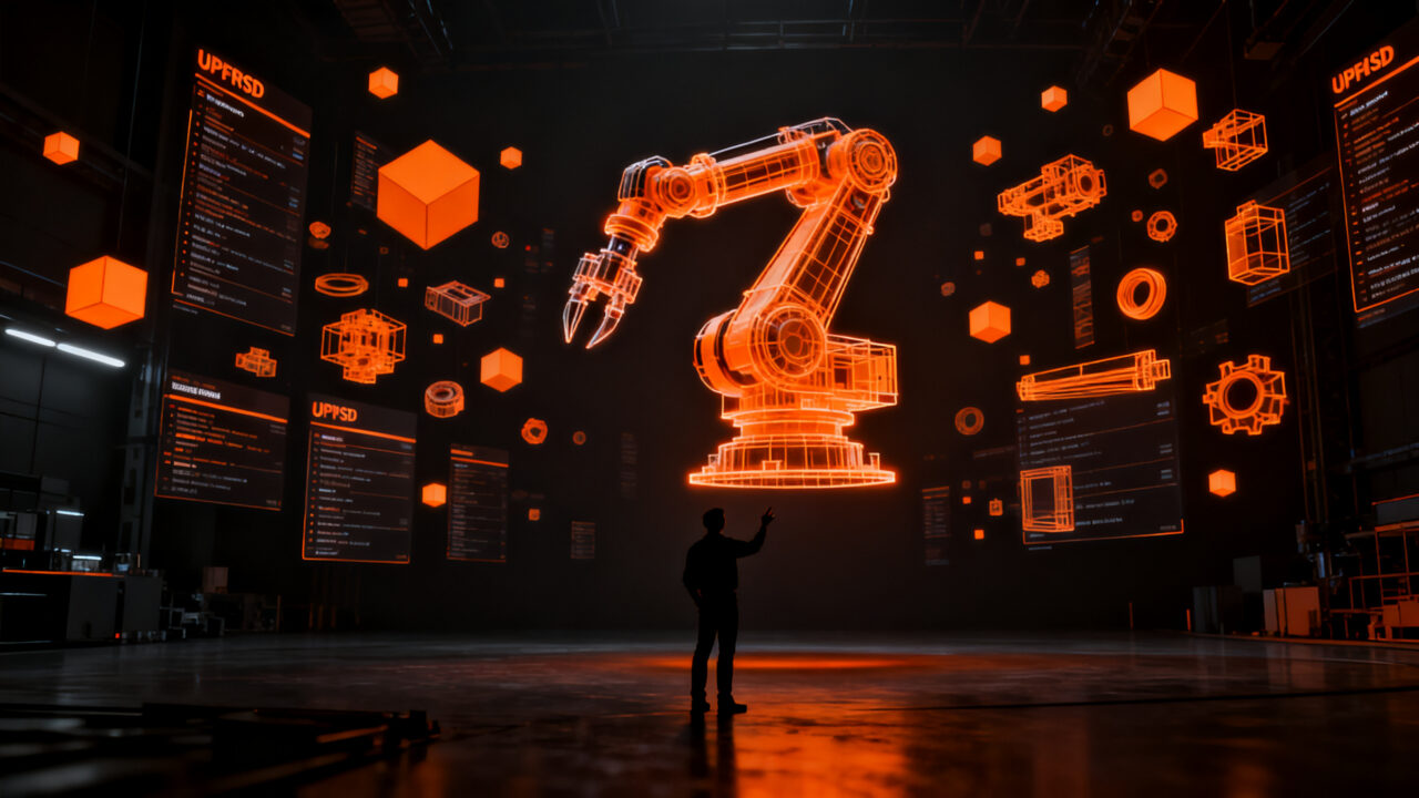 Ingeniero trabajando con gemelos digitales y activos 3D de robótica en entorno NVIDIA Isaac Sim.