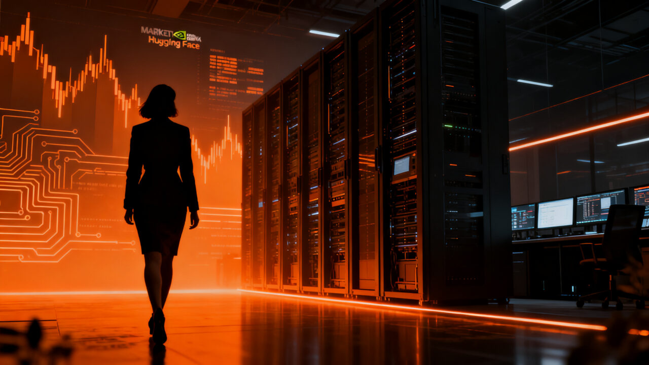 Ejecutiva de comunicaciones dejando una oficina corporativa de NVIDIA, simbolizando cambios estratégicos en la gestión de crisis y liderazgo tecnológico.