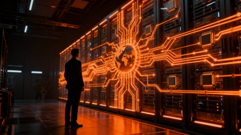 Silueta de ejecutivo observando una compleja red de chips IA, simbolizando la tensión geopolítica y la seguridad tecnológica en Nvidia.