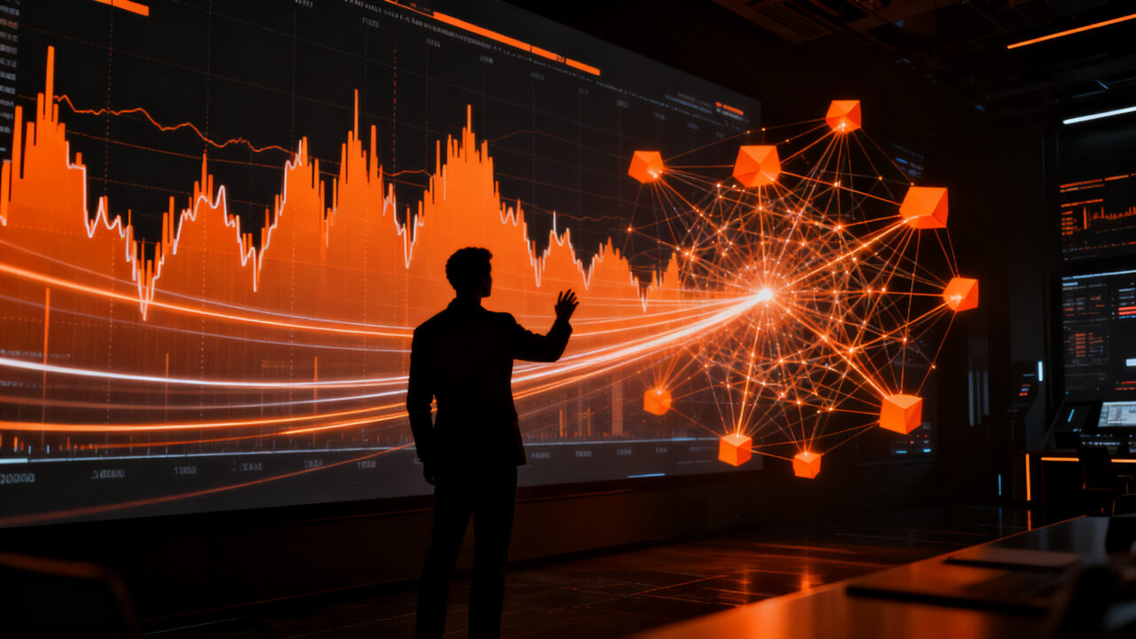 Profesional analizando proyecciones de datos complejos con IA, representando el poder de NVIDIA Kumo Forecast en la toma de decisiones empresariales.