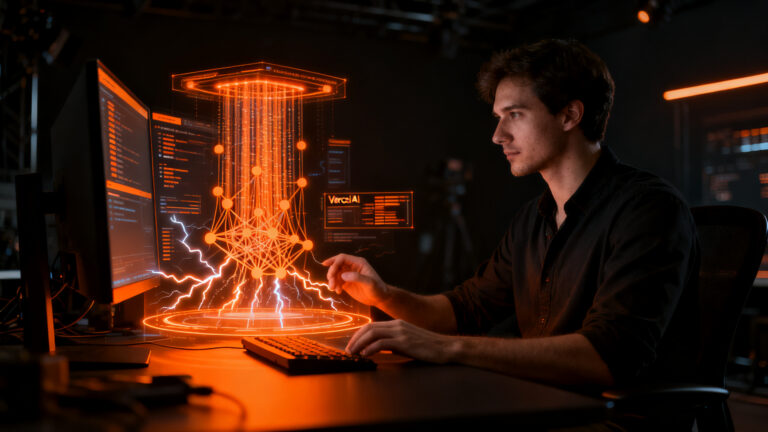 Desarrollador integrando IA de NVIDIA Nemotron 3.5 Lightning en Vercel, representando el futuro de los LLM open source.