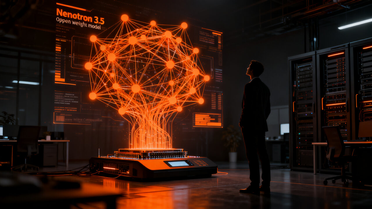 Un profesional observando una red neuronal compleja de IA de Nvidia Nemotron en un entorno empresarial futurista, simbolizando la adopción de agentes inteligentes.