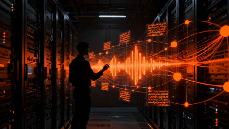 Representación visual de la tecnología de transcripción NVIDIA Nemotron 3.5 con redes neuronales y ondas sonoras en tonos naranja y negro.