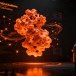 Investigador analizando estructuras moleculares de proteínas generadas por inteligencia artificial NVIDIA RFD4-Proteina.