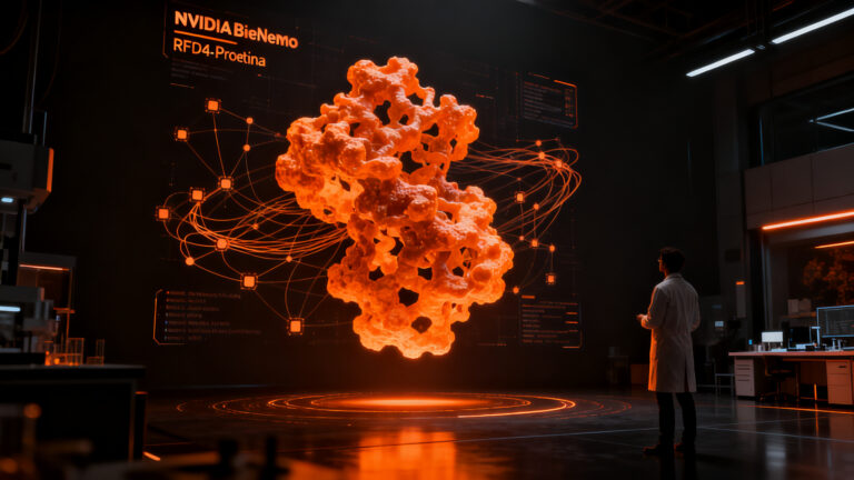 Investigador analizando estructuras moleculares de proteínas generadas por inteligencia artificial NVIDIA RFD4-Proteina.