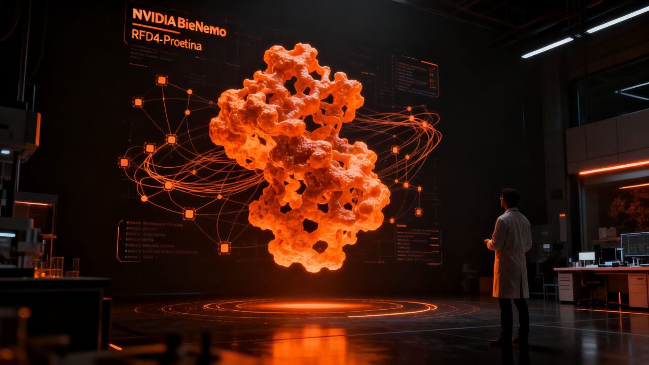 Investigador analizando estructuras moleculares de proteínas generadas por inteligencia artificial NVIDIA RFD4-Proteina.