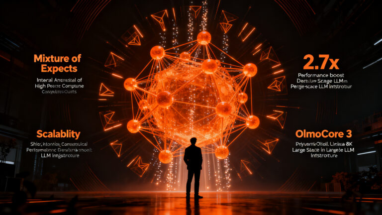 Arquitecto de IA analizando redes neuronales de Mixture of Experts para el entrenamiento de modelos de lenguaje Olmo-core 3.