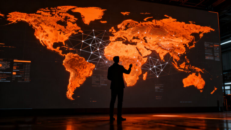 Investigador analizando mapas satelitales globales mediante inteligencia artificial geoespacial OlmoEarth.