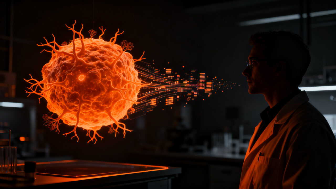 Científico analizando anticuerpo contra el cáncer en laboratorio, destacando la investigación de Oncomatryx en biotech.