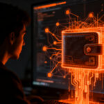 Agente de IA autónoma interactuando con redes blockchain, representando los riesgos de seguridad y control en la tecnología de agentes inteligentes.