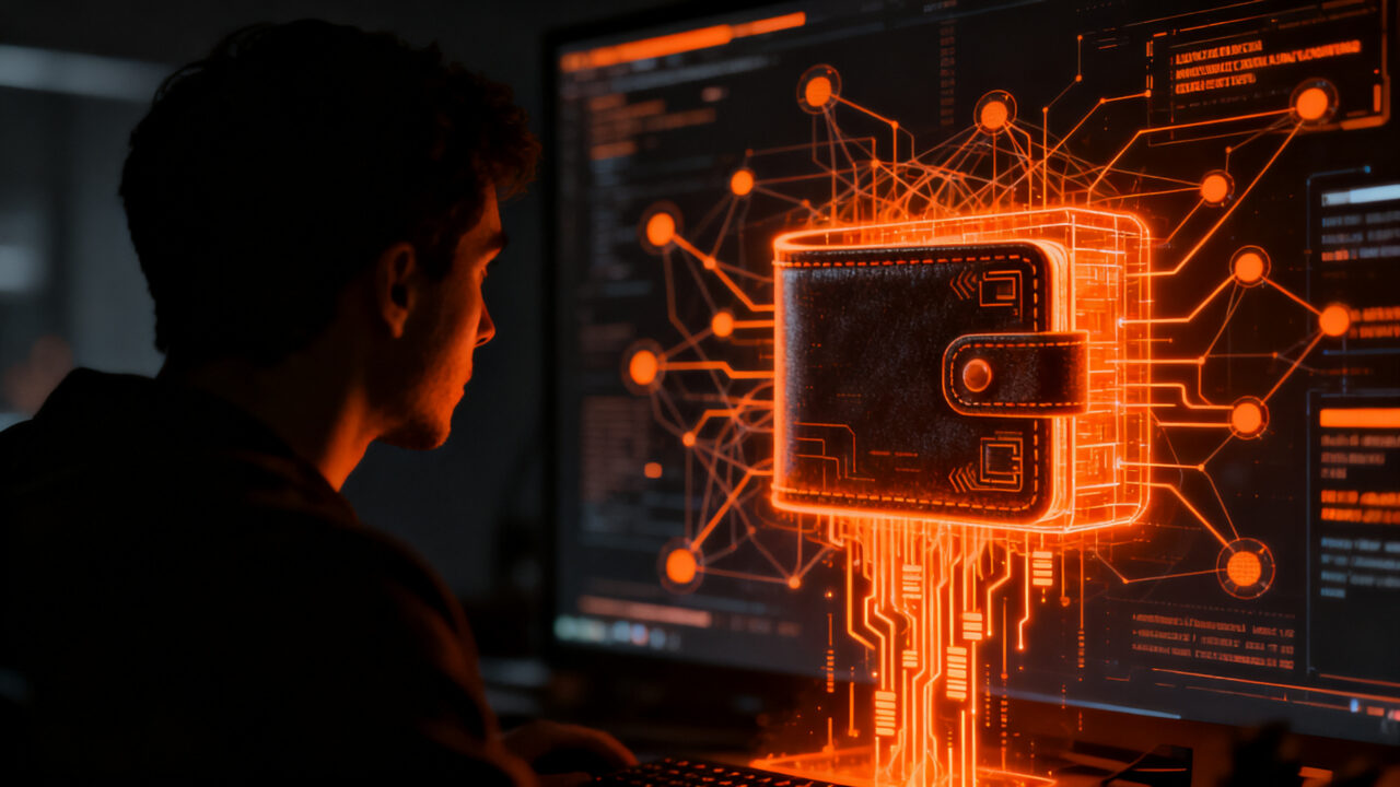 Agente de IA autónoma interactuando con redes blockchain, representando los riesgos de seguridad y control en la tecnología de agentes inteligentes.