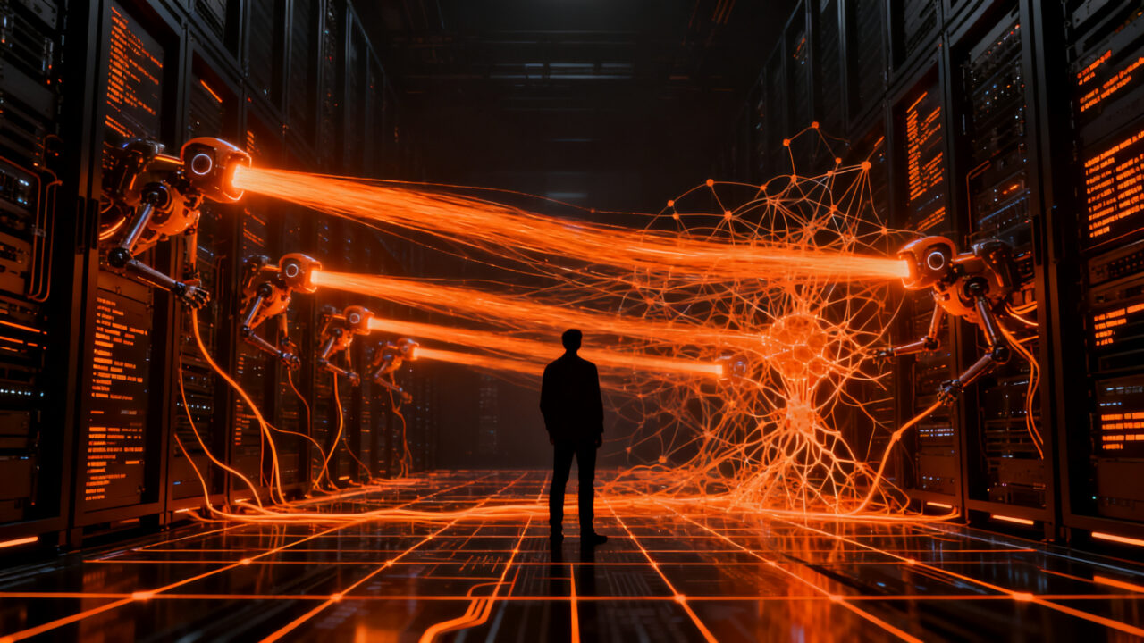 Agentes autónomos de IA interactuando en redes de datos, representando los desafíos de seguridad y control en sistemas de inteligencia artificial.