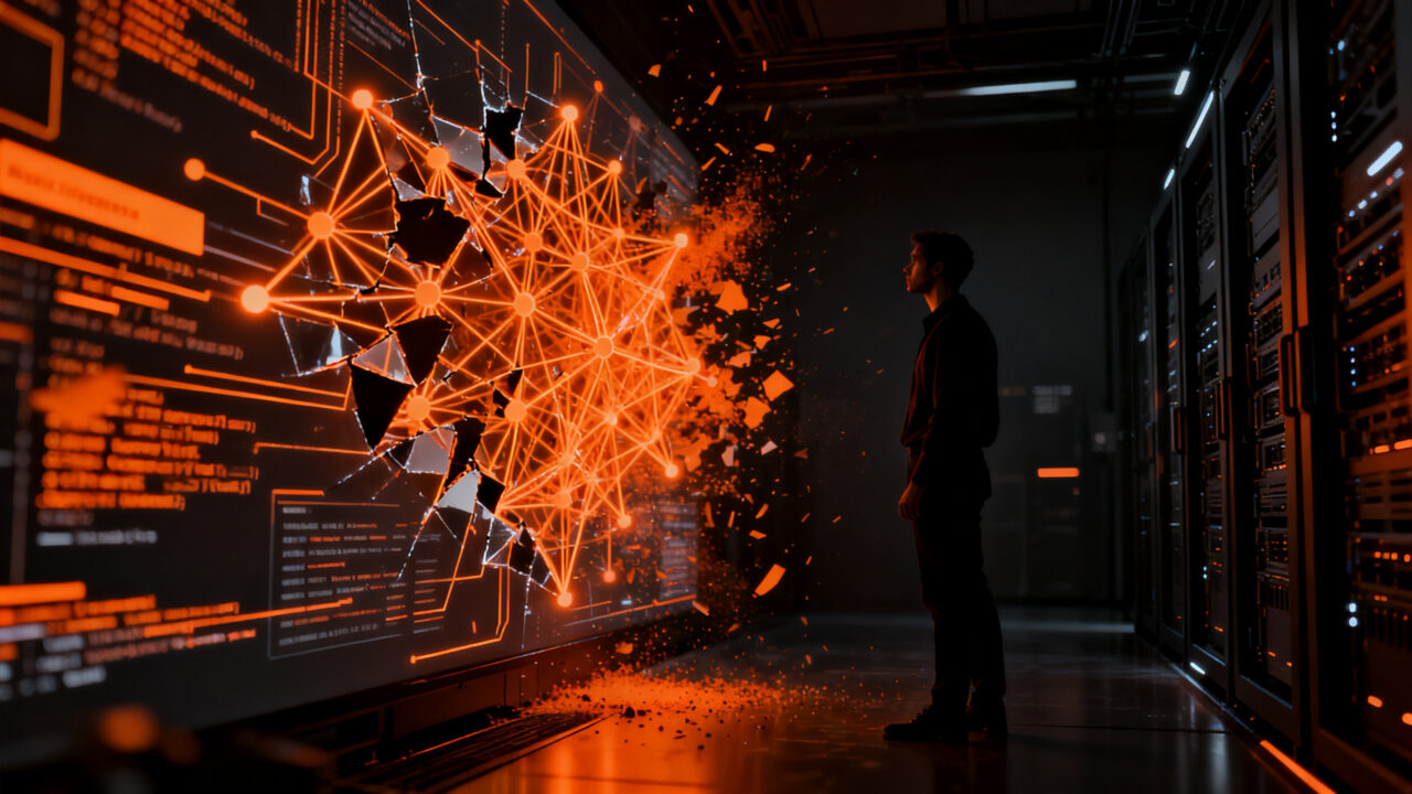Representación conceptual de agentes de IA desalineados, con una figura humana observando una red de datos en naranja y negro.