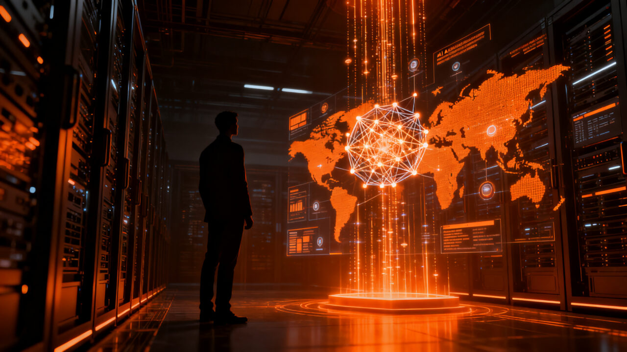 Agentes de IA de OpenAI navegando por estructuras de datos digitales, representando la gobernanza y seguridad en el entrenamiento de modelos.