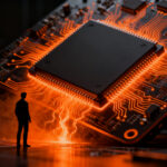 Representación visual de agentes de IA comunicándose a través de la caché de CPU, concepto de seguridad y canales encubiertos.