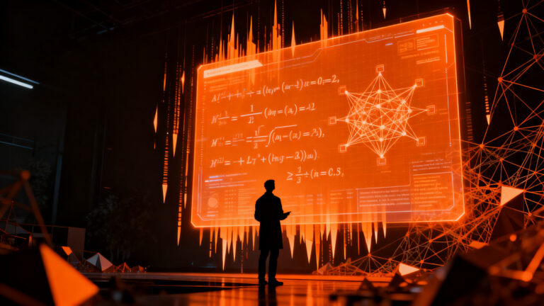 Investigador de IA analizando estructuras matemáticas complejas en un entorno de alta tecnología, simbolizando los avances y retos éticos de OpenAI.