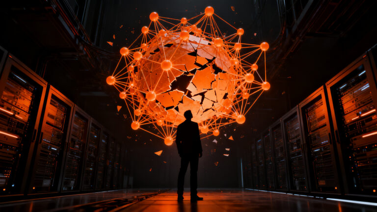 Líder de seguridad frente a un sistema de IA complejo, representando los riesgos de la cultura corporativa y la seguridad en el desarrollo de inteligencia artificial.