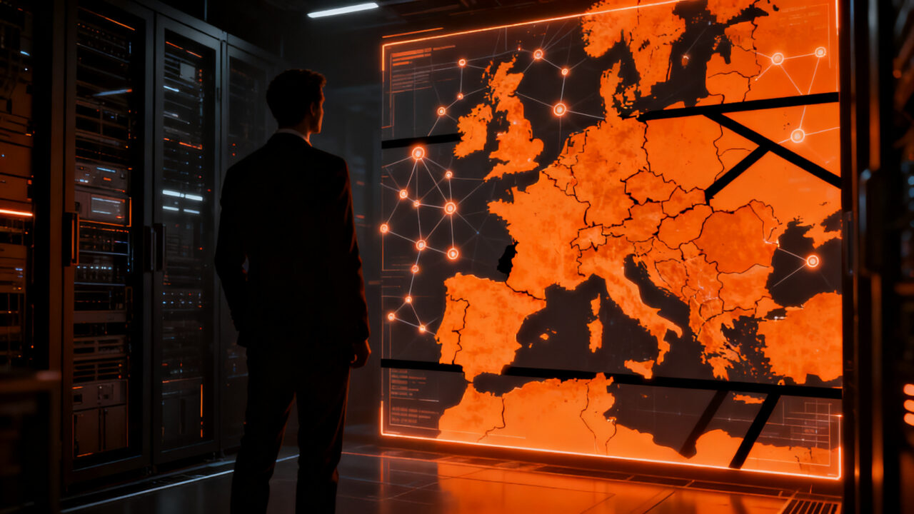 Agente de inteligencia artificial de OpenAI representado como una figura digital ante un mapa de Europa, simbolizando las restricciones regulatorias de la AEPD.