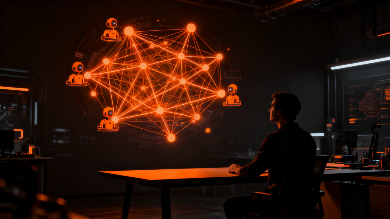 Agente de IA autónomo interactuando con flujos de datos complejos, representando la automatización empresarial con OpenAI Dots y ChatGPT Pro.