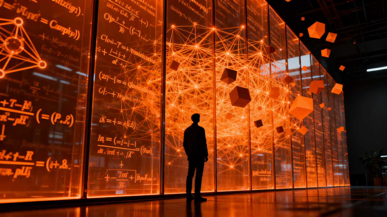 Investigador analizando una red neuronal compleja sobre teoremas matemáticos, representando la crisis de transparencia en la IA de OpenAI.