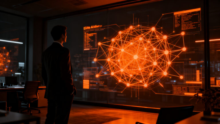 Guerra de talento en IA: ejecutivo frente a una compleja red de datos luminosos, representando la alta competencia salarial en el sector tecnológico.