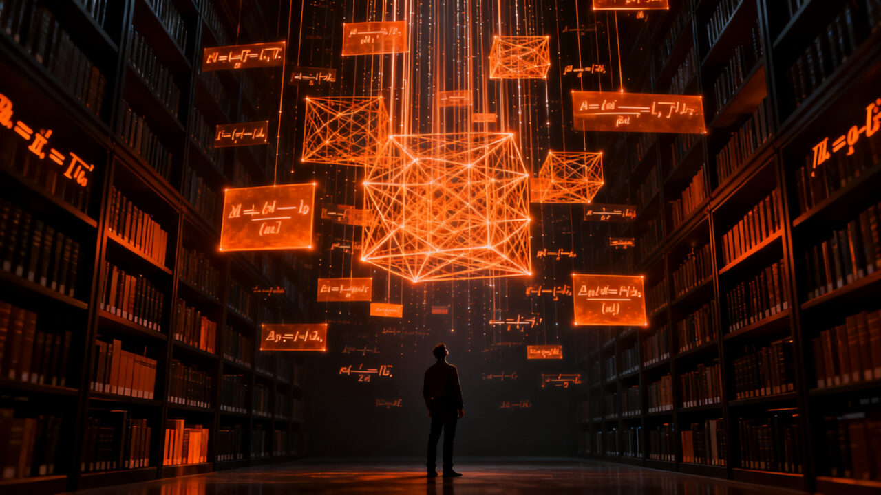 Investigador analizando una avalancha masiva de datos matemáticos generados por IA, concepto de verificación científica y automatización en OpenAI.