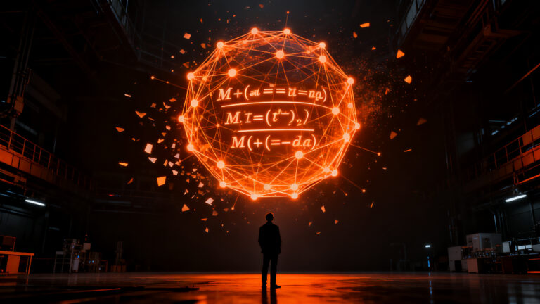 Matemático frente a un complejo entramado de algoritmos de IA, representando el debate sobre el uso de inteligencia artificial en la resolución de problemas matemáticos del Milenio.