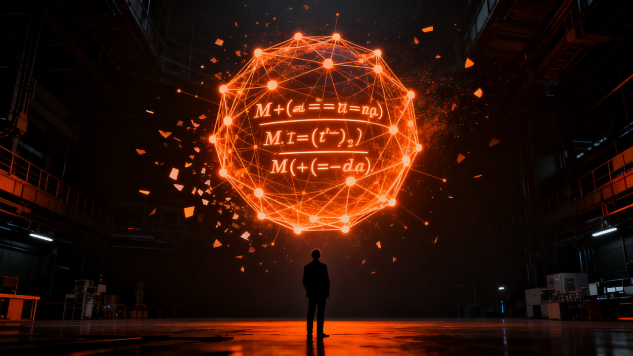 Matemático frente a un complejo entramado de algoritmos de IA, representando el debate sobre el uso de inteligencia artificial en la resolución de problemas matemáticos del Milenio.