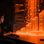 Ingeniero de software analizando código antiguo COBOL transformándose en estructuras digitales modernas mediante inteligencia artificial.