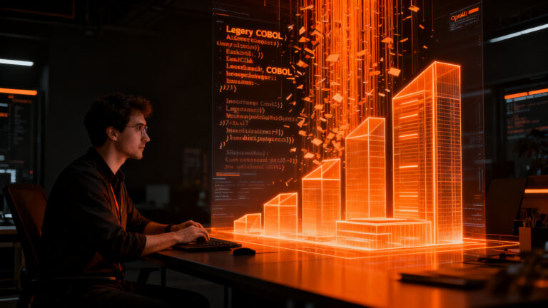 Ingeniero de software analizando código antiguo COBOL transformándose en estructuras digitales modernas mediante inteligencia artificial.
