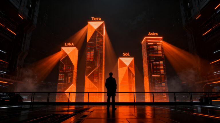 Representación visual de la arquitectura de modelos de IA de OpenAI, simbolizando la escala y el rendimiento de los modelos Luna, Terra, Sol y Astra.