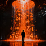 Investigador analizando una avalancha de datos matemáticos generados por IA, representando la brecha de conocimiento en la era de la automatización.