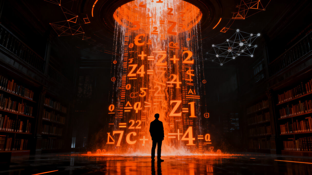 Investigador analizando una avalancha de datos matemáticos generados por IA, representando la brecha de conocimiento en la era de la automatización.