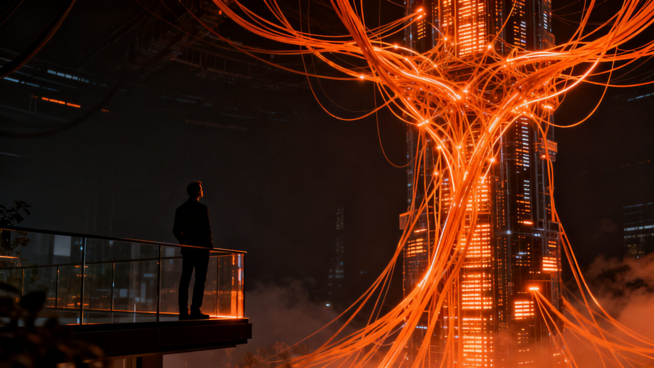 Ejecutivo ante una red neuronal masiva, simbolizando la ronda de financiación multimillonaria de OpenAI y la competencia en IA.