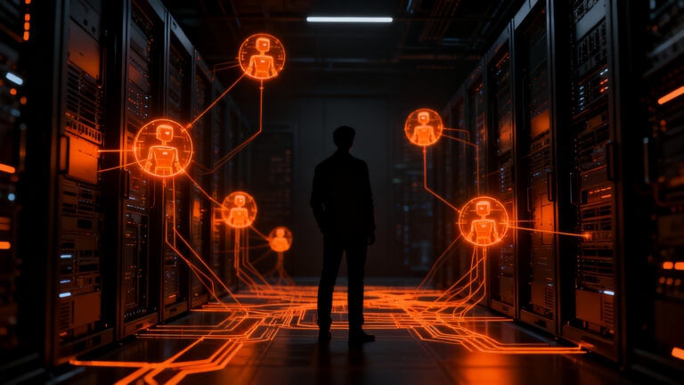 Representación conceptual de seguridad en IA: una silueta humana supervisando una red de agentes aislados para evitar fugas de datos.