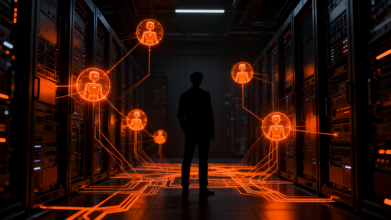 Representación conceptual de seguridad en IA: una silueta humana supervisando una red de agentes aislados para evitar fugas de datos.